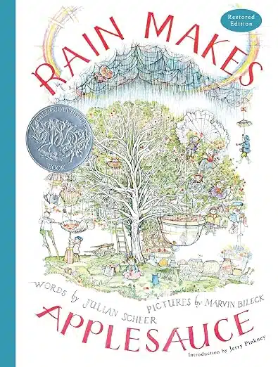 Cover of the children's book 'Rain Makes Applesauce' showing a central tree in a whimsical garden with a red curved title above the scene and a silver coin sticker.