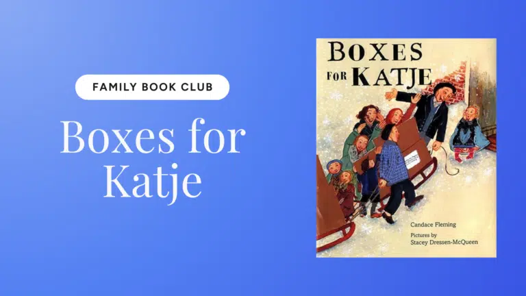 Blue gradient hero banner with a white pill 'FAMILY BOOK CLUB' on the left and large 'Boxes for Katie' text; book cover on the right.