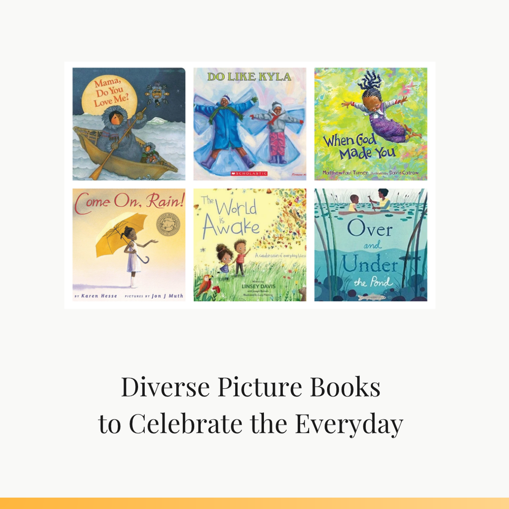 Six children's book covers arranged in a grid, highlighting diverse picture books for everyday celebration, above a pale page background with a yellow accent bar at bottom.