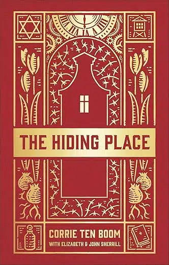 Red and gold book cover for The Hiding Place by Corrie ten Boom, featuring an ornate vintage border and a central house motif on a red background.