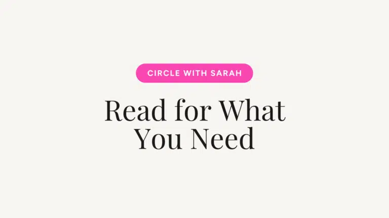 Pink rounded CTA button reading 'CIRCLE WITH SARAH' above a large serif headline on a light-beige background.
