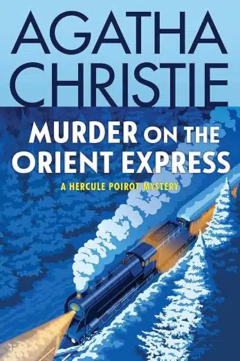 Cover of Agatha Christie’s Murder on the Orient Express, a Hercule Poirot mystery, featuring a blue snowy train design.