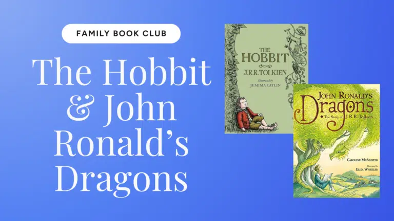 Family Book Club banner showing The Hobbit and Dragons book covers on a blue gradient background.
