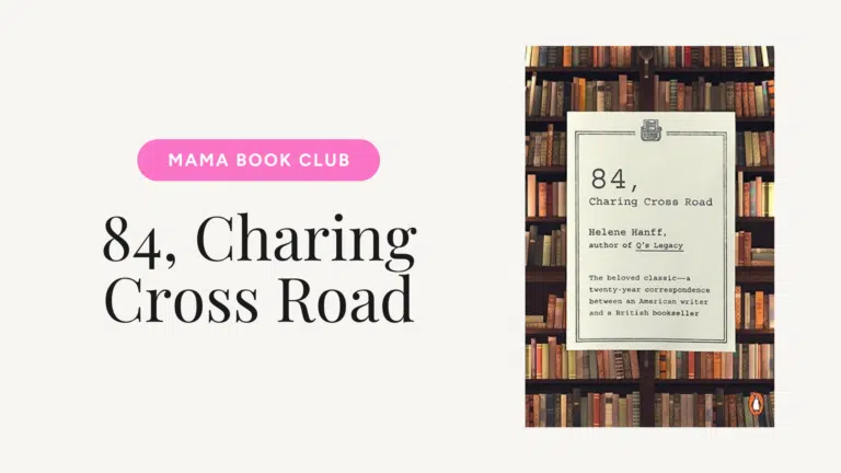 Promo banner for Mama Book Club featuring the title 84, Charing Cross Road with a pink rounded button reading 'MAMA BOOK CLUB'.