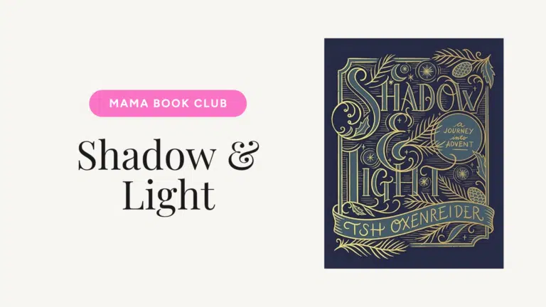 Hero banner showing the words 'Shadow & Light' in large serif type with a pink rounded badge reading 'MAMA BOOK CLUB' on the left, and an ornate navy book cover with gold embellishments on the right.
