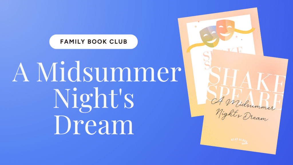 Blue gradient poster with oversized 'A Midsummer Night's Dream' title on the left and angled, pastel book covers on the right; a white rounded button reads 'FAMILY BOOK CLUB'.
