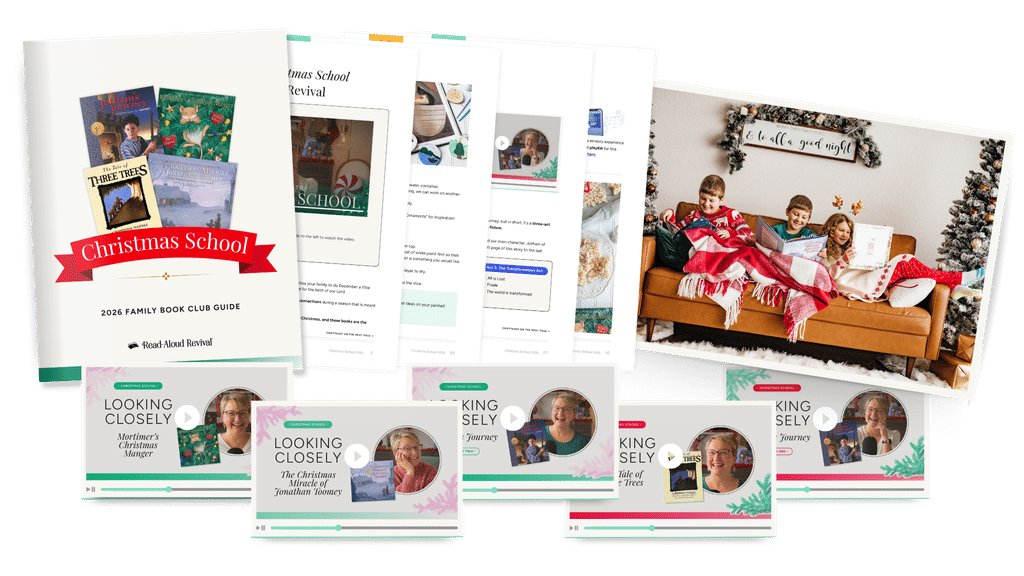Collage of Christmas School reading materials, a large booklet with a red ribbon, and fanned pages next to a cozy Christmas family photo on a sofa.
