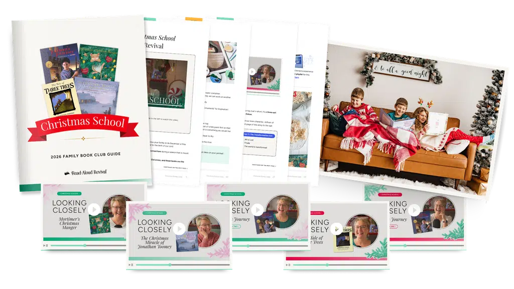 Christmas School mock up 2 - Read-Aloud Revival ® with Sarah Mackenzie Christmas School workbook, videos, and a photo of kids enjoying books on a sofa