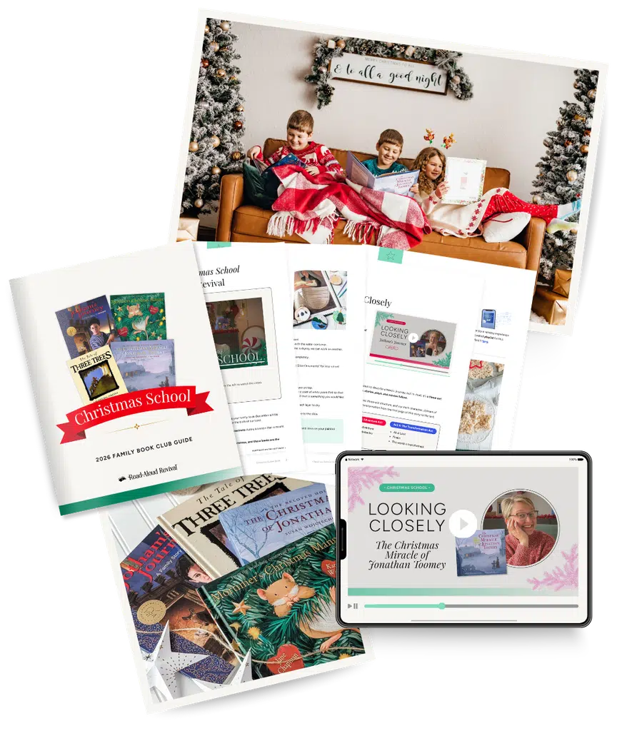 Christmas School mock up 3 - Read-Aloud Revival ® with Sarah Mackenzie Christmas School workbook pages, sample video, and photo of kids enjoying books on a sofa