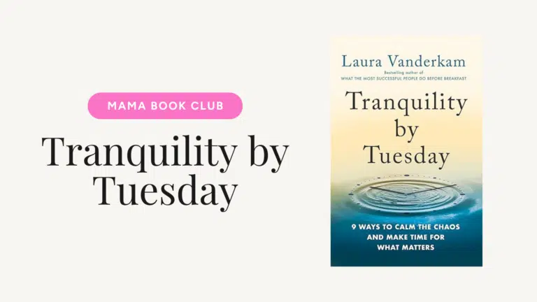 Promo graphic for Mama Book Club featuring the book 'Tranquility by Tuesday' with a pink rounded badge and a book cover on the right.