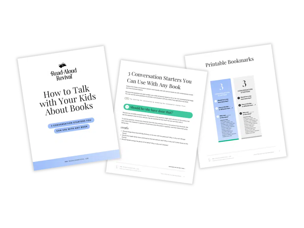How to Talk Mockup - Read-Aloud Revival ® with Sarah Mackenzie Collection of Read-Aloud Revival printables and bookmarks for talking with kids about books, including the title 'How to Talk with Your Kids About Books'.