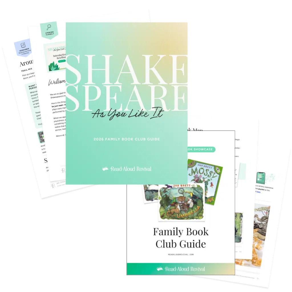 Cover of Read-Aloud Revival's Shake Speare: As You Like It book club guide with a teal-to-peach gradient, 2026 edition