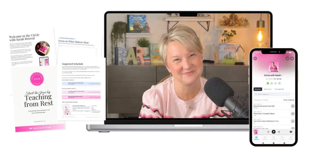 Circle with Sarah Summer 2026 Mockup - Read-Aloud Revival ® with Sarah Mackenzie Laptop screen shows a smiling woman hosting a podcast, with retreat PDFs on the left and a Circle with Sarah app screen on a phone to the right.