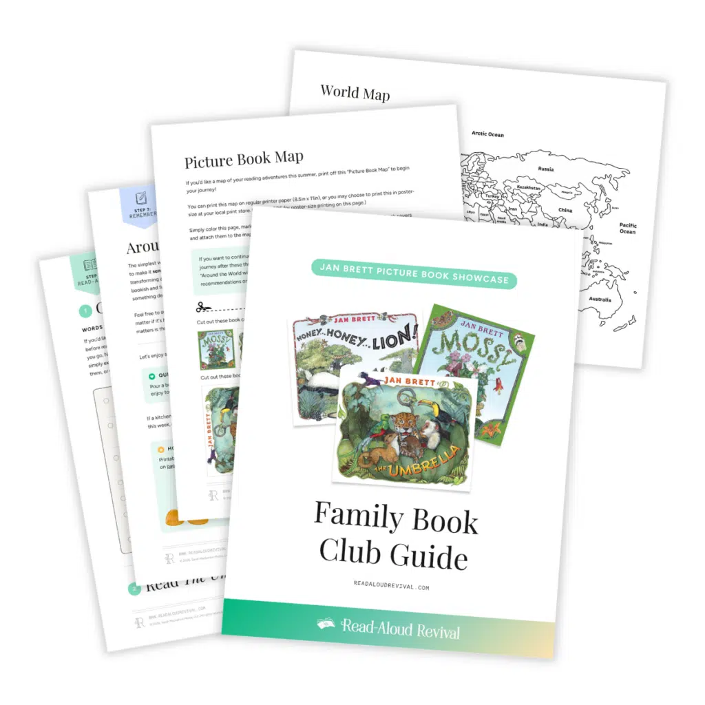 Jan Brett Mockup Glow - Read-Aloud Revival ® with Sarah Mackenzie Front cover of a 'Family Book Club Guide' featuring Jan Brett picture-book showcase and a teal Read-Aloud Revival banner. The cover sits among sample pages and maps.