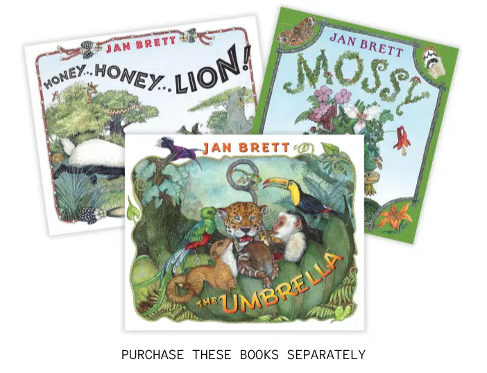 Jan Brett with caption - Read-Aloud Revival ® with Sarah Mackenzie Three colorful Jan Brett children's book covers (Honey, Honey, Lion!, Moss, and The Umbrella) overlapping in a collage.