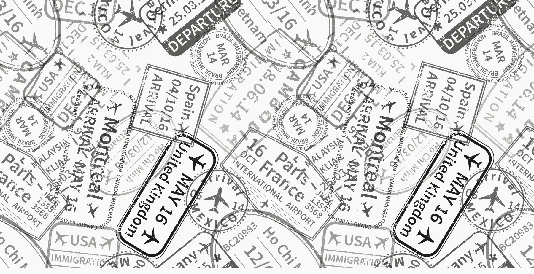 Abstract grayscale collage of passport stamps, travel labels, and airplane icons, conveying international travel and borders.