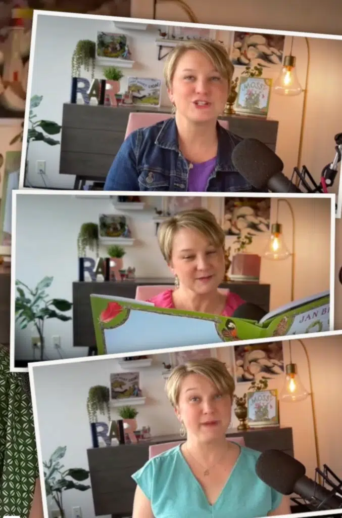 Screenshot 2026-04-30 at 51542 PM - Read-Aloud Revival ® with Sarah Mackenzie Woman speaking into a large microphone in a home recording setup, with shelves, plants, and decorative books in the background (collage frame).