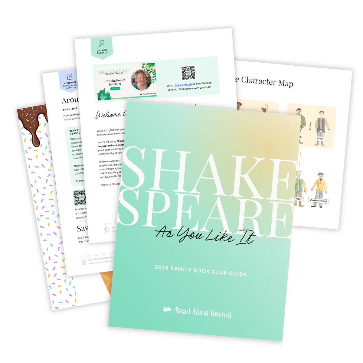 Shakespeare Mockup Glow - Read-Aloud Revival ® with Sarah Mackenzie Gradient cover of 'Shake Shakespeare As You Like It'—2026 Family Book Club Guide by Read-Aloud Revival, with stacked background pages showing sample spreads.