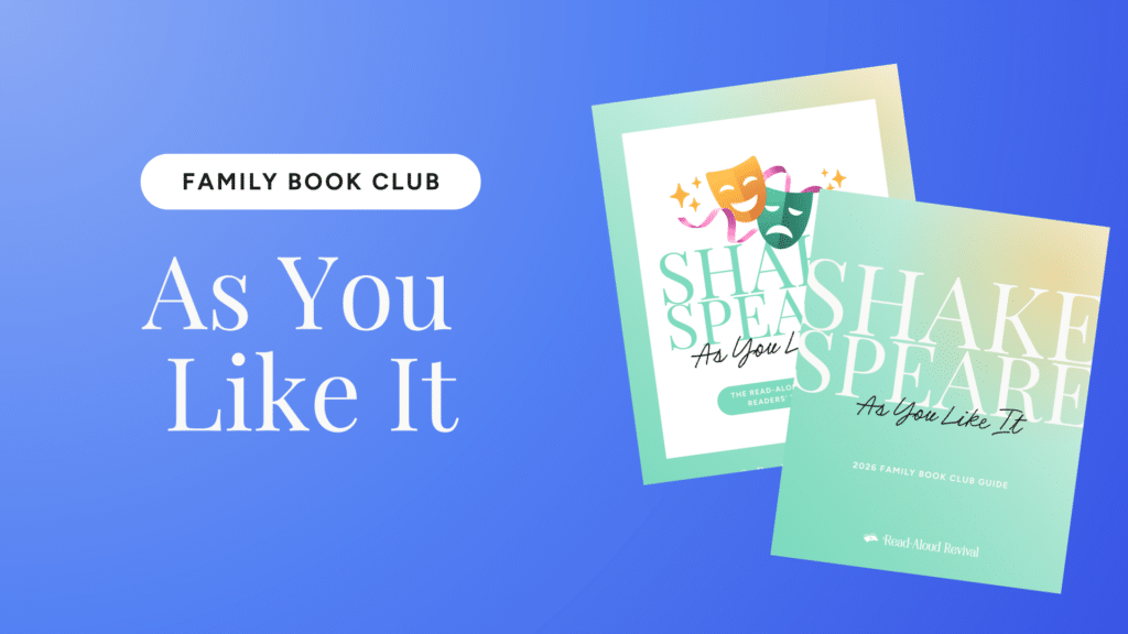 Blue gradient banner promoting 'Family Book Club' with bold rounded badge and two book covers, including 'As You Like It'.