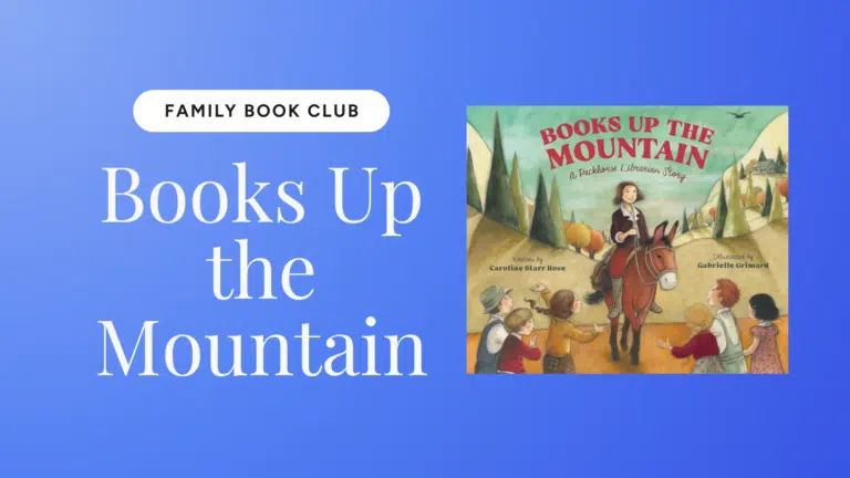 Banner for Family Book Club: 'Books Up the Mountain' with a blue gradient background and a book cover illustration on the right side.