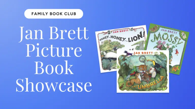 Blue gradient banner with tilted Jan Brett picture book covers and a white rounded button reading 'FAMILY BOOK CLUB'.