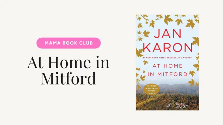 Promo banner for Mama Book Club featuring the novel At Home in Mitford by Jan Karon, with the book cover on the right.