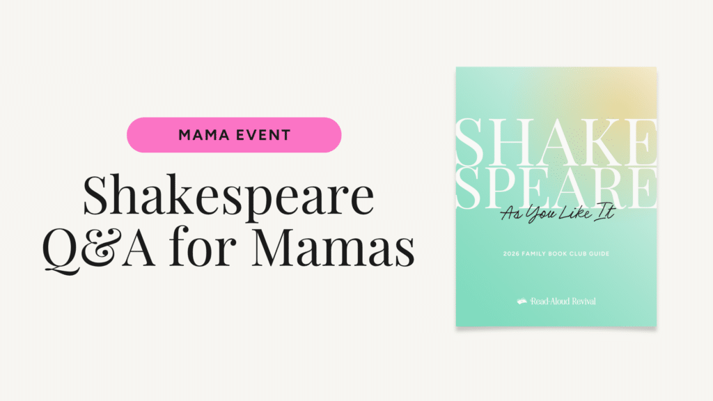 Promo banner: 'Shakespeare Q&A for Mamas' with a pink 'MAMA EVENT' button and a pastel 'Shake Speare' book cover on the right.