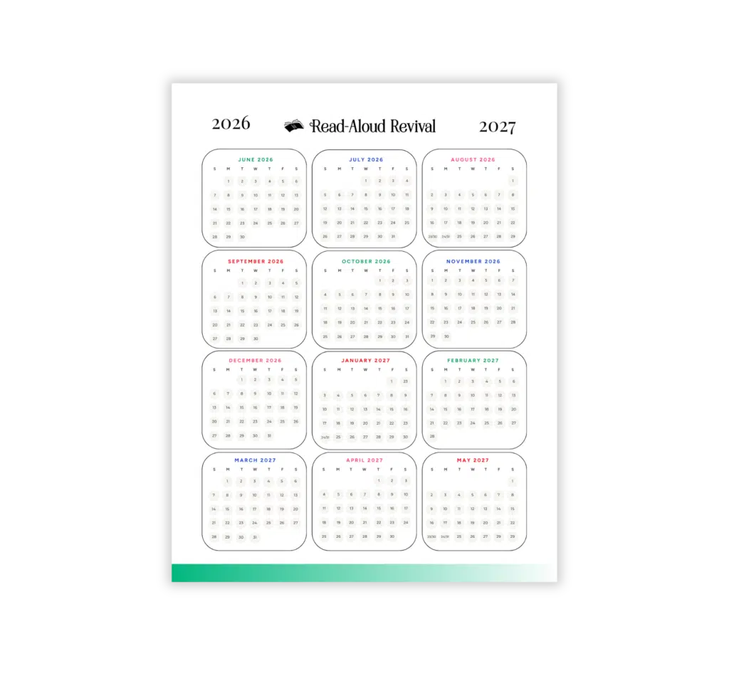 FBCG Mockup - Read-Aloud Revival ® with Sarah Mackenzie Infographic calendar showing 2026–2027 Read-Aloud Revival months in a grid layout with month titles in colored text and rounded calendar cards