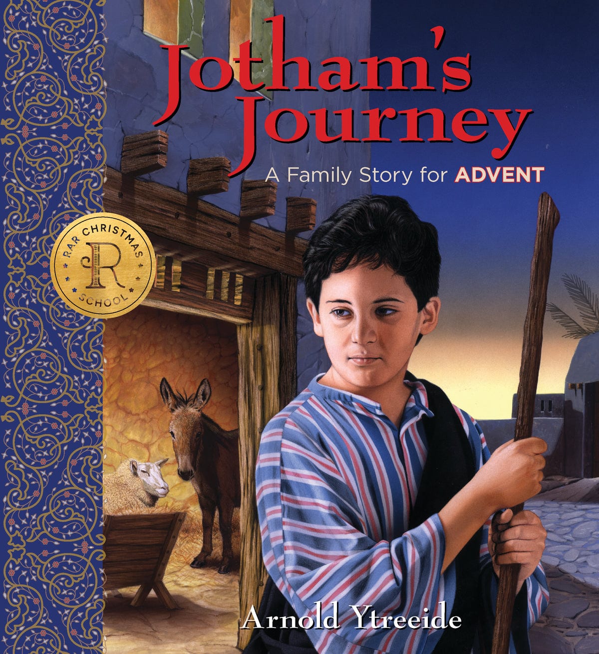 Book cover for Jotham's Journey: A Family Story for Advent, showing a boy with a staff near a nativity scene.