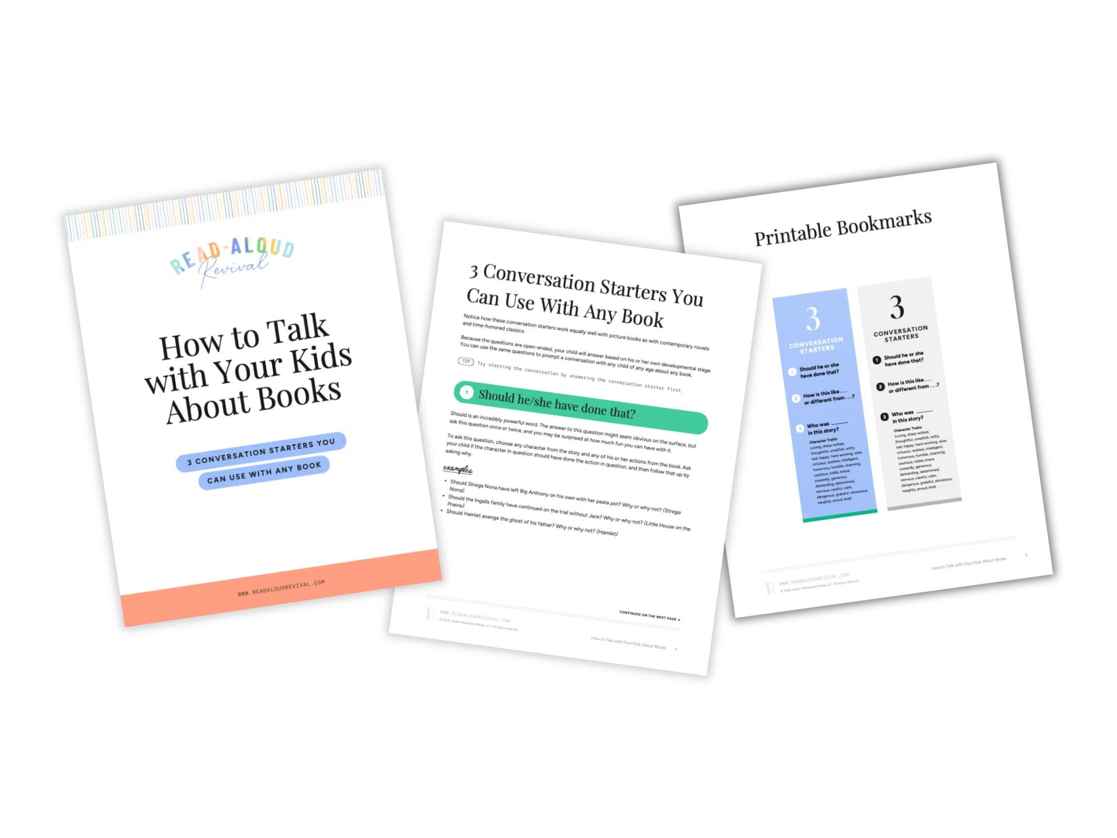 Four Pages - Read-Aloud Revival ® with Sarah Mackenzie Collection of printable booklets and guides about talking with kids about books, shown as tilted white covers on a dark background