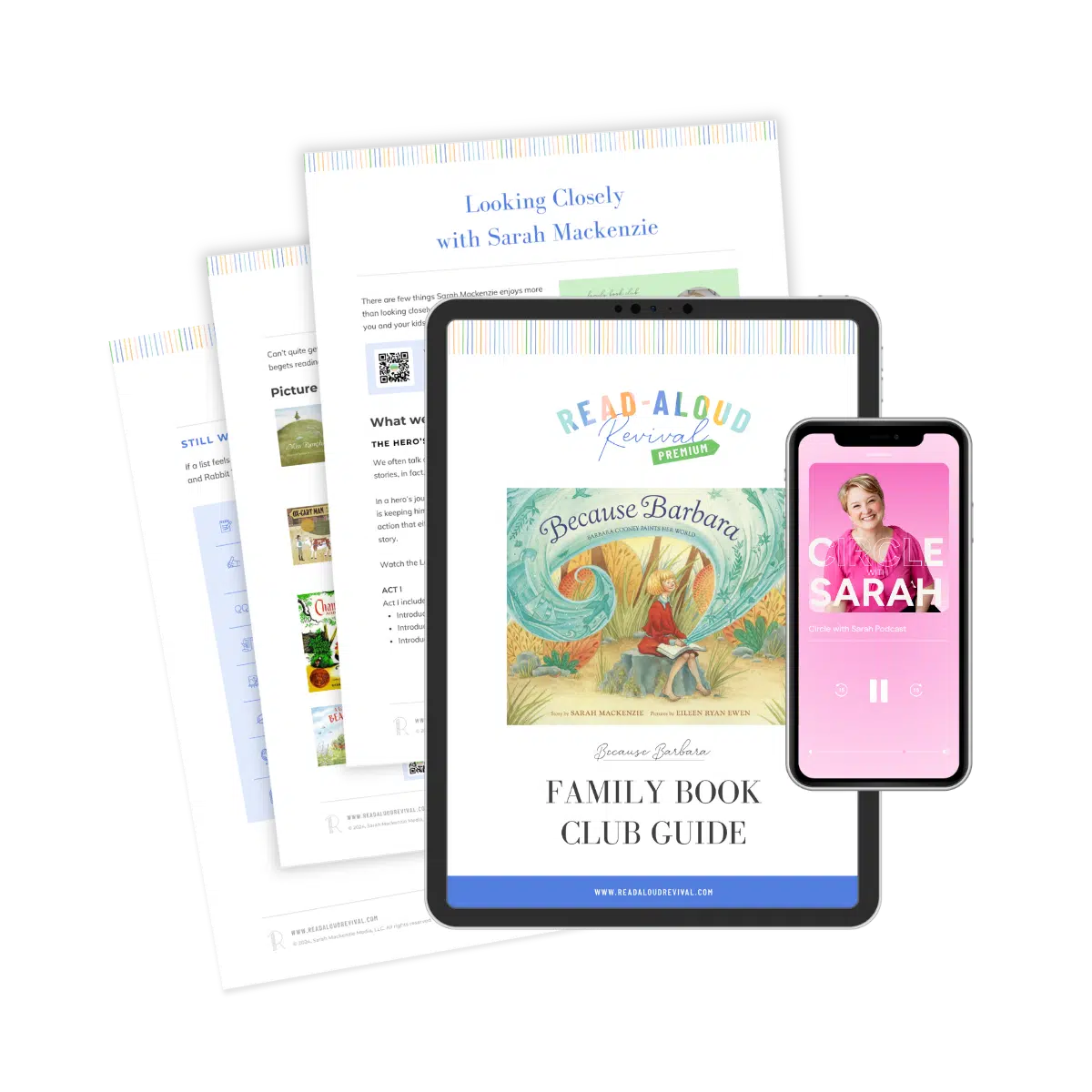 Premium Mockup - Read-Aloud Revival ® with Sarah Mackenzie Promo image showing a tablet, laptop, and phone displaying Read-Aloud Revival materials and a family book club guide.