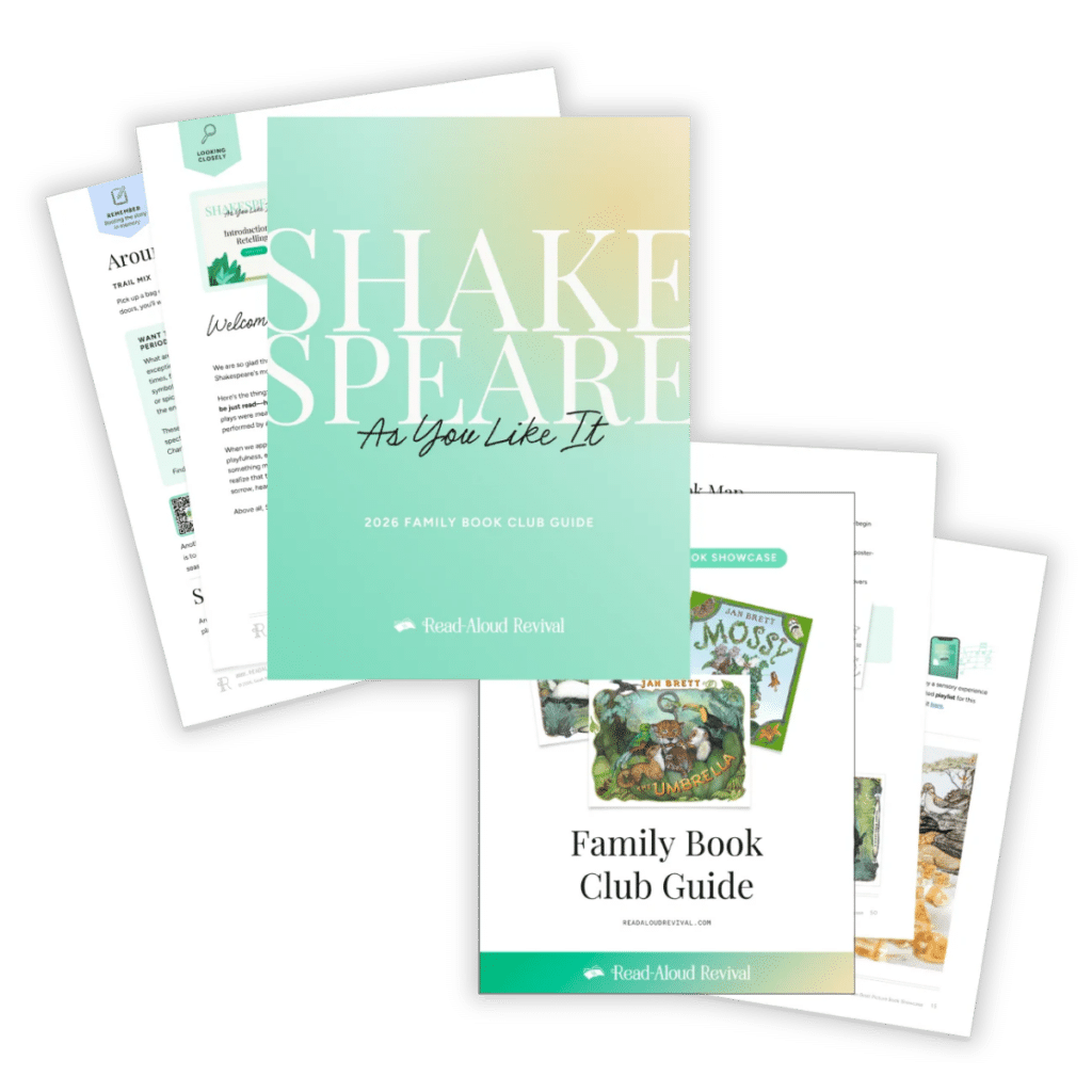 Cover of 'Shake Speare: As You Like It,' a 2026 Family Book Club Guide by Read-Aloud Revival, with surrounding related pages.