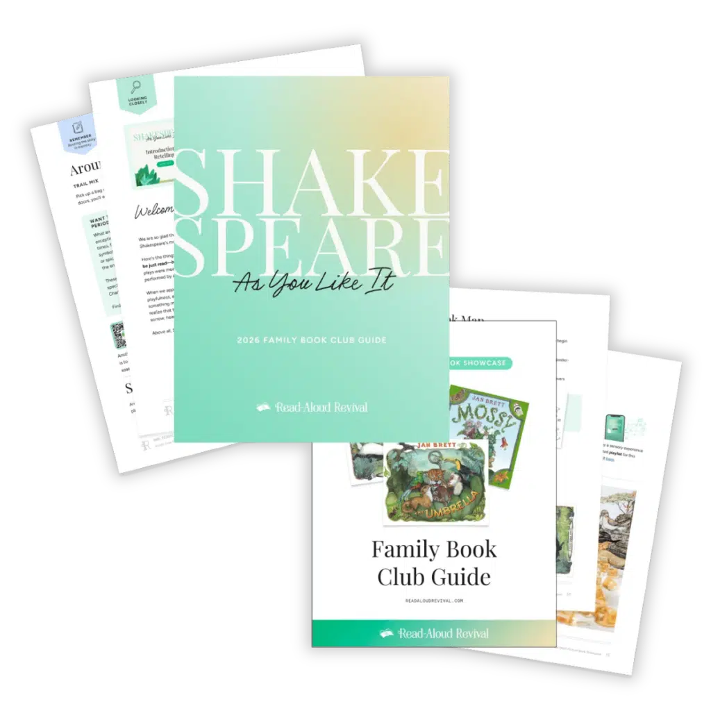 WooCommerce-Summer-Mockup-Glow - Read-Aloud Revival ® with Sarah Mackenzie Cover of 'Shake Speare: As You Like It,' a 2026 Family Book Club Guide by Read-Aloud Revival, with surrounding related pages.