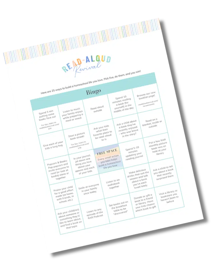Tilted page showing a Read-Aloud Revival bingo card with a 5x5 grid of reading activities for a homeschool reading plan (informational).