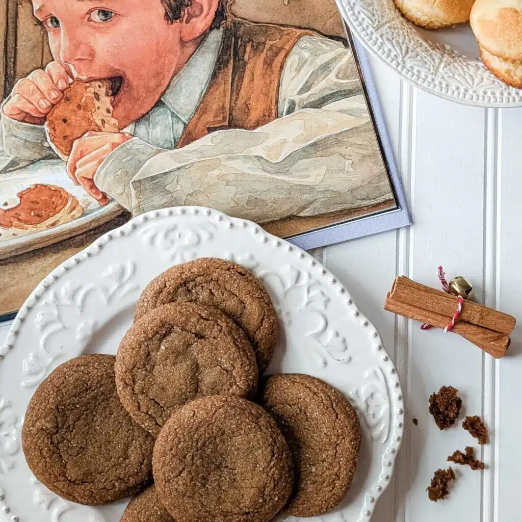 Pile of chocolate cookies on a white decorative plate with crumbs nearby; cinnamon sticks tied with string sit nearby in a cozy scene.