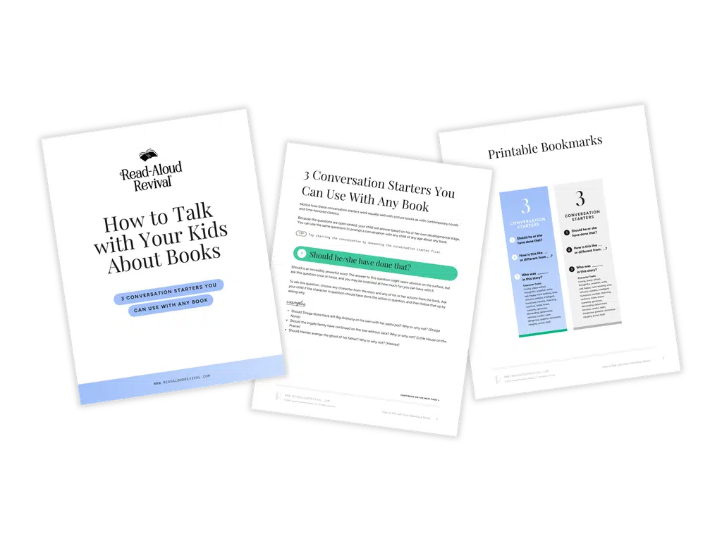 Group of white booklets and bookmarks angled on a black background, featuring Read-Aloud Revival materials about talking with kids about books.