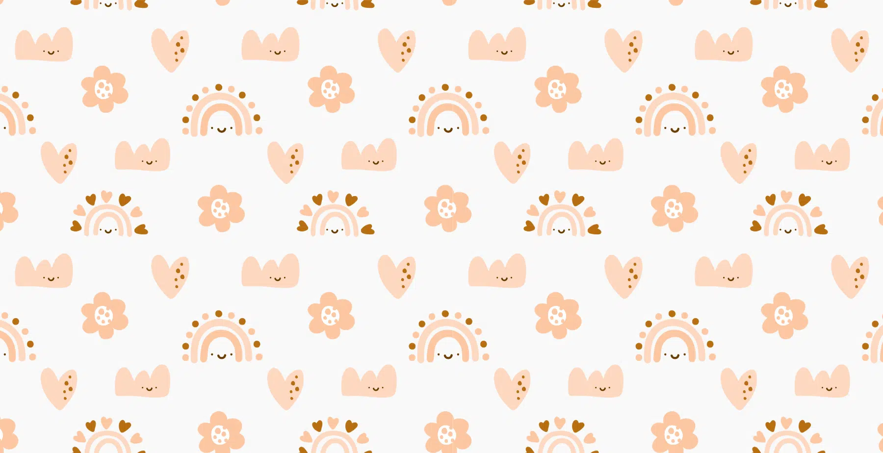 Decorative pattern with pastel peach hearts, flowers, and rainbows on a white background.