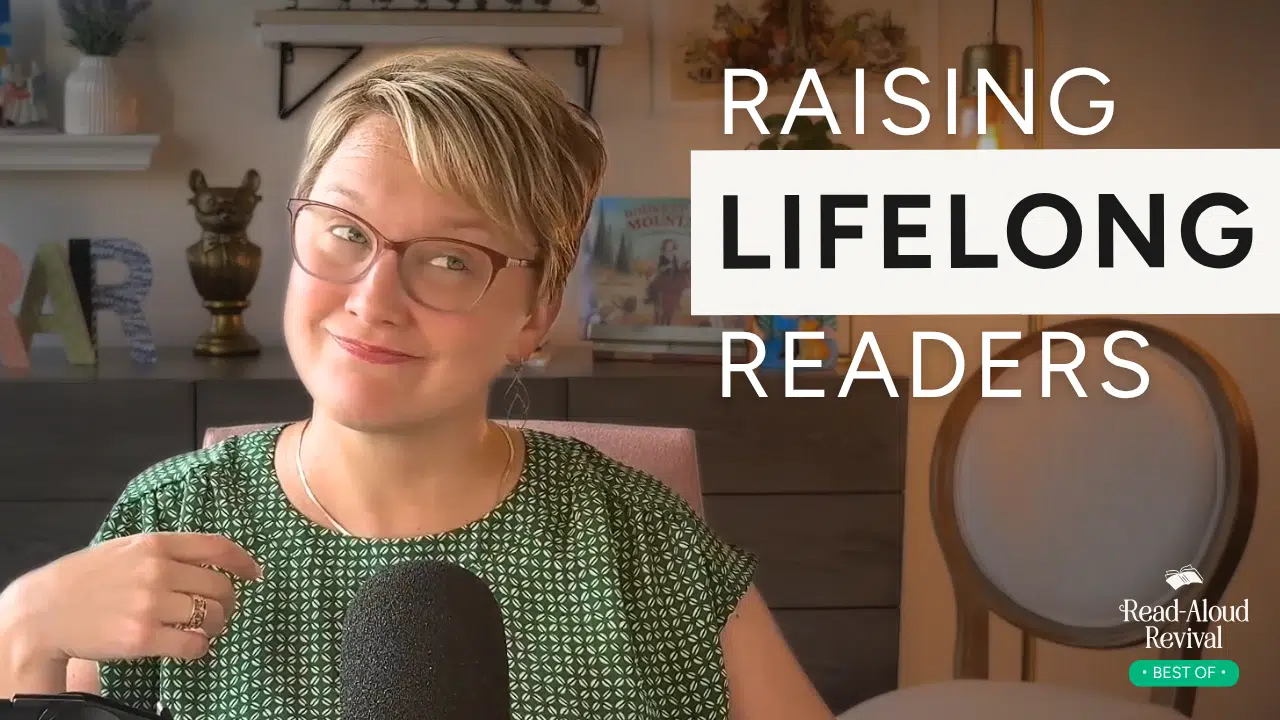 Blonde woman in front of microphone, text reads: raising lifelong readers