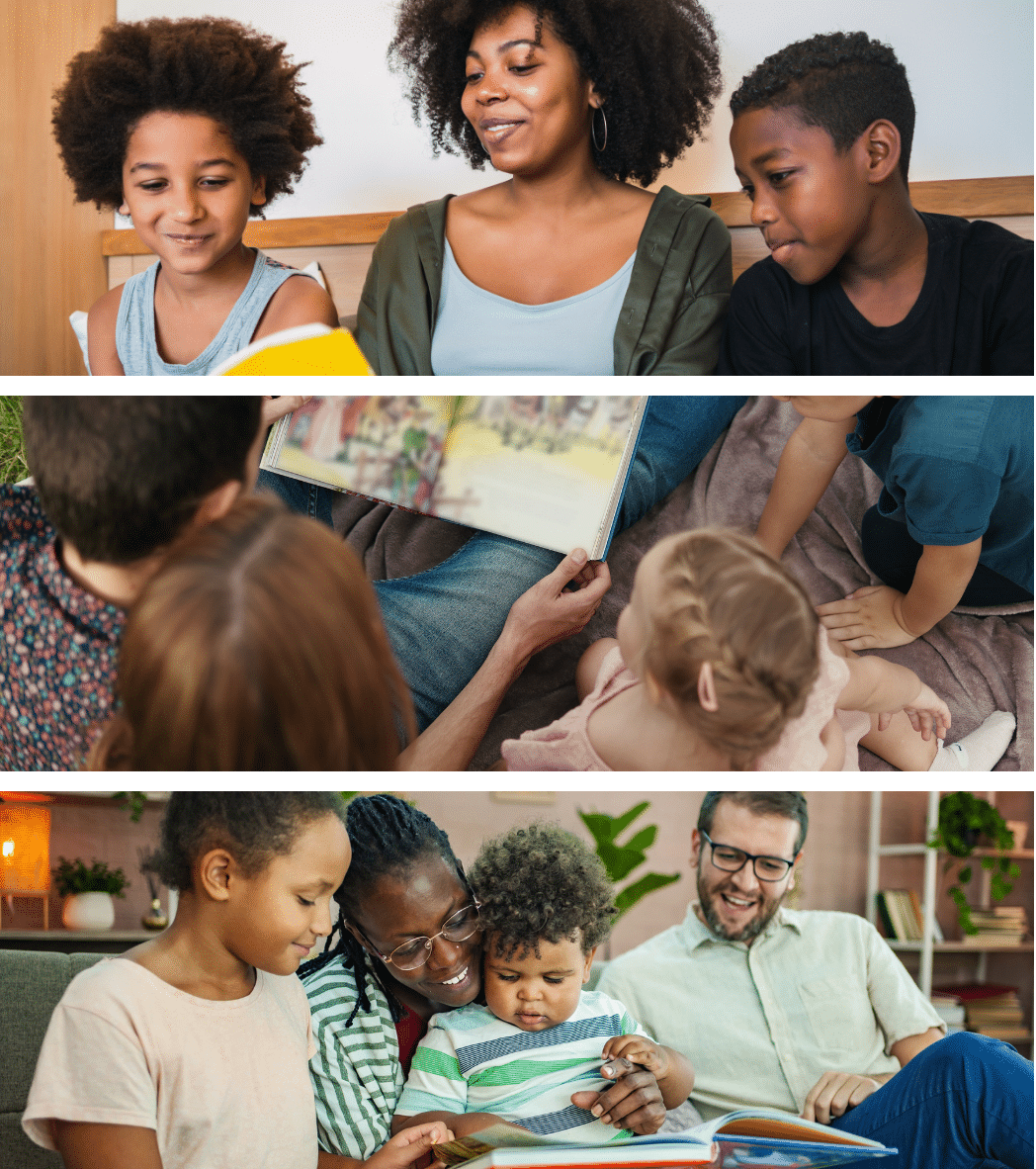 families-reading-together-collage - Read-Aloud Revival ® with Sarah Mackenzie Three-panel collage showing a family reading together: children with a book, adults and kids on the floor, and a couple with a toddler on a couch with a book open nearby