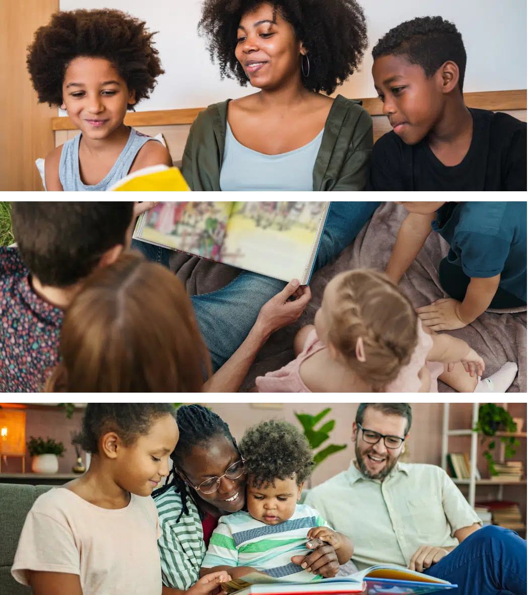 families-reading-together-collage - Read-Aloud Revival ® with Sarah Mackenzie Three-panel collage showing a family reading together: children with a book, adults and kids on the floor, and a couple with a toddler on a couch with a book open nearby