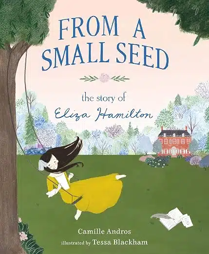 Cover of a children's book titled From a Small Seed, showing a girl in a yellow dress running on a green lawn with trees and a red-brick house in the background.