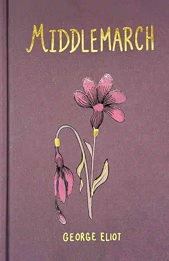 Purple book cover for Middlemarch by George Eliot, featuring a pink flower illustration on the front.