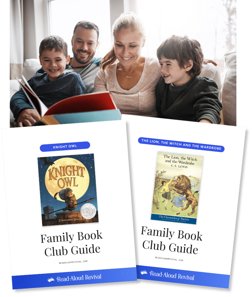 free-family-book-club-guides-knight-owl-narnia - Read-Aloud Revival ® with Sarah Mackenzie A smiling family of four sits on a couch reading together, with two kids and two adults looking at colorful book covers.