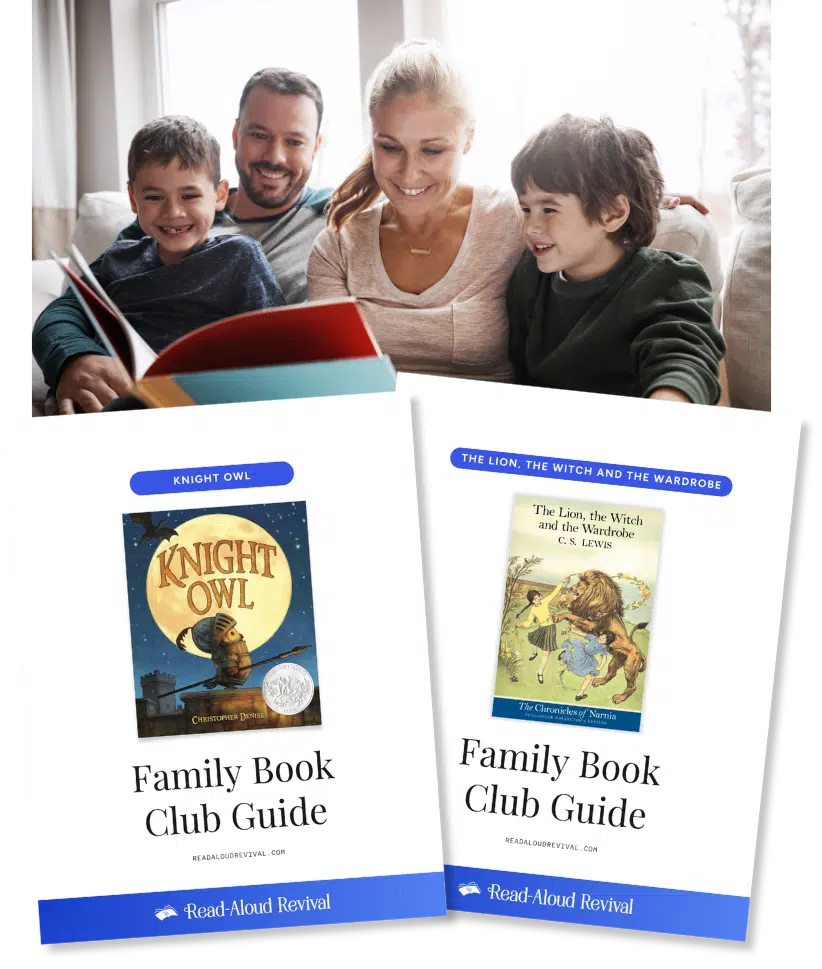 A smiling family of four sits on a couch reading together, with two kids and two adults looking at colorful book covers.